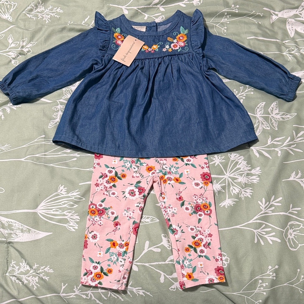 First Impressions Denim Top with Floral Embroidery Set